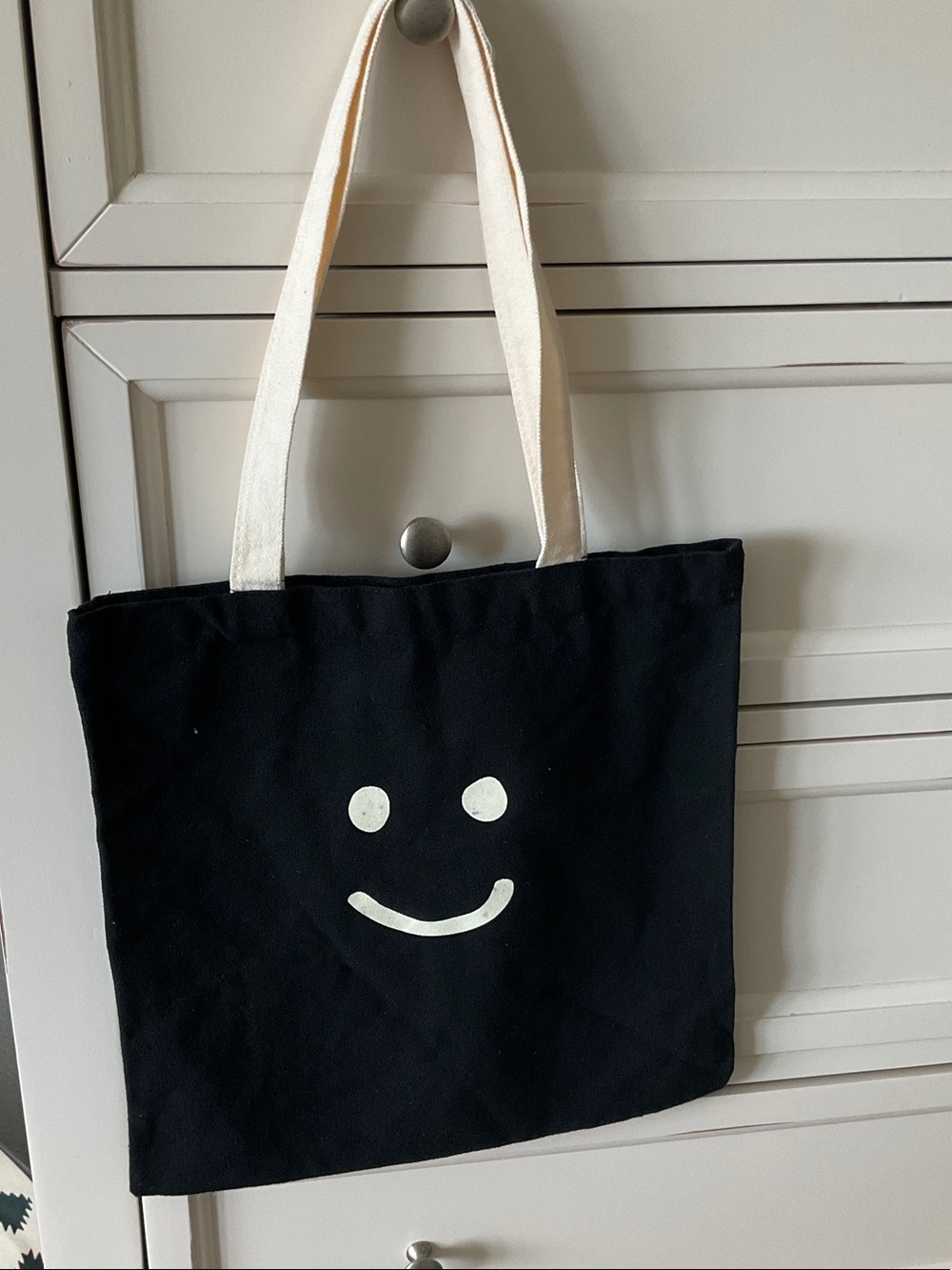 Canvas Smile Tote Bag in Black with Cream Handles